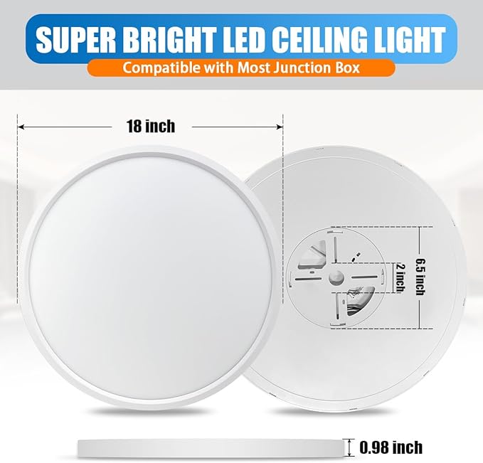 Allsmartlife LED Flush Mount Ceiling Light Fixture 1-Pack, 18 inch 36W 4650lm Flat Ceiling Light, 3000K/4000K/6500K, Round Ceiling Light Fixture for Bedroom, Living Room, Kitchen