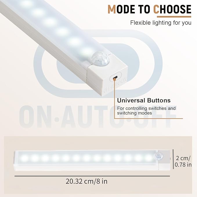 8inch Under Cabinet Lighting, 2 Pack Pantry Lights Motion sensored,3 Modes & Dimmable Stick-On Wireless Closet Lights for Kitchen, Stairs, Cabinet (White)
