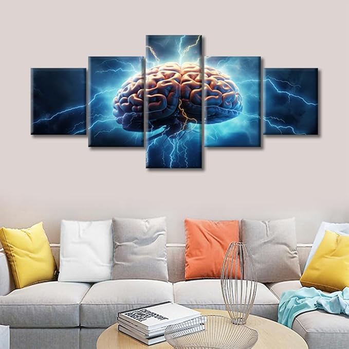 Brain Power Lightning Modern Wall Smart Brain Pictures Brainstorming Concept Contemporary Artwork Print On Canvas Bedroom Wall Art for Living Room Framed Ready to Hang, (50"Wx24"H)