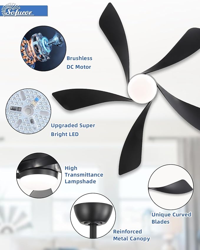 Sofucor 45" Smart Ceiling Fan, Indoor/Outdoor Black Ceiling Fans with Lights and Remote, Works with Alexa/Google/App, 3-Color Light 6-Speed Timing Reversible DC Motor for Bedroom Living Room Patio