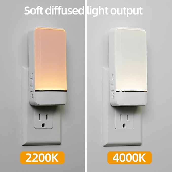 Dawnrise Night Lights Plug into Wall, Invisible Motion Sensor Night Light, Soft Warm or Cool White Selectable, Brightness Adjustable, LED Night Lights for Bedroom, Bathroom, Stairs, Hallway, 2PK