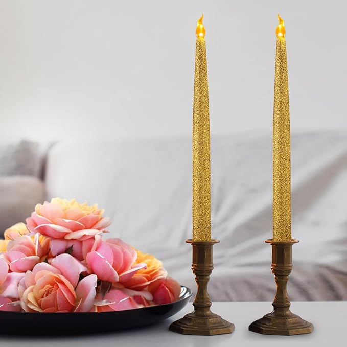 FURORA LIGHTING Gold Glitter LED Candles - Flickering Flameless Taper Candles with 6/18 Hour Timer, Battery Operated for Safety and Elegance, Pack of 2