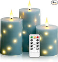 Flameless Candles with Embedded Star String, Real Wax Battery Operated Candles with Remote Timer, Flickering Pillar LED Candle Set for Home Decor Romantic Ambiance （Grey）