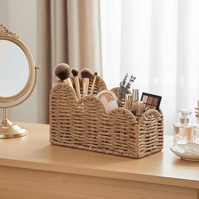 CubesLand Bedside Table Desk Organizer Caddy, Remote Pen&Pencil Holder Cup, Makeup Brush Holder w/Scalloped Perfect for Home, Office Desk, Living Room Table Decor, 3 Slots Neutral