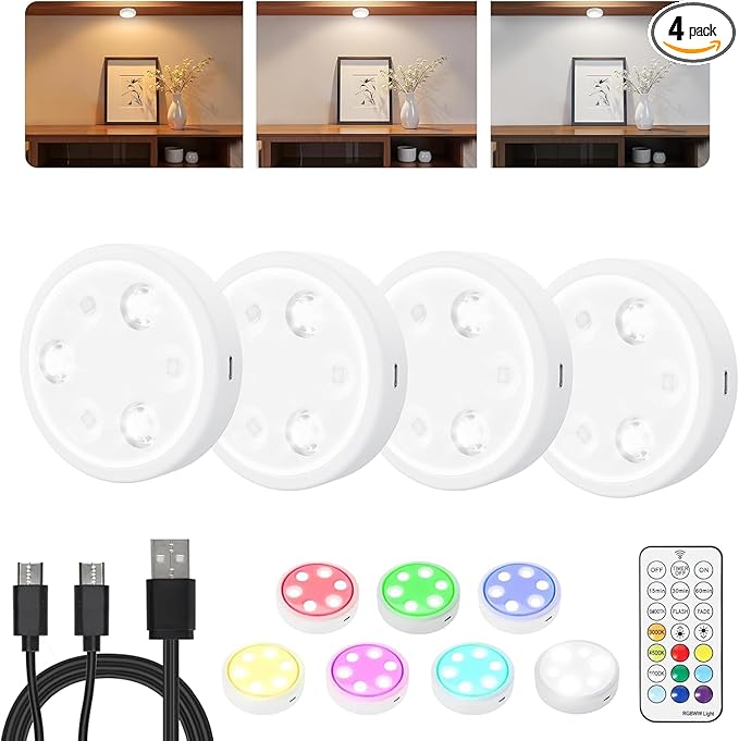 HOLKPOILOT Puck Lights with Remote, 2000mAh Battery Operated Rechargeable Under Cabinet Lighting, 3 Color Temps & 7 RGB Colors, Magnetic Closet Light, White Wireless Puck Light for Kitchen, Shelf