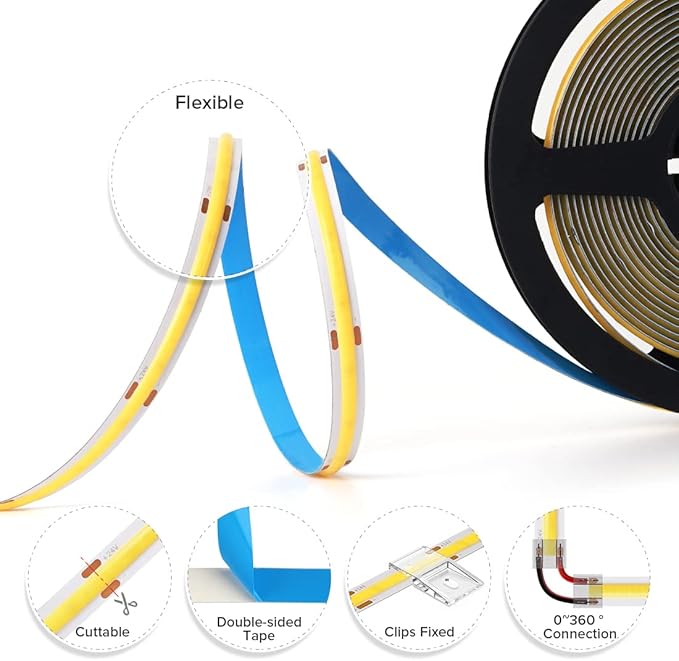 BTF-LIGHTING FCOB COB LED Strip 528LED/m Flexible High Density Uniform Light 14W/m 16.4FT DC24V Warm White 3000K CRI 90+ 10mm Width for Home Indoor Decoration(No Adapter or Controller)