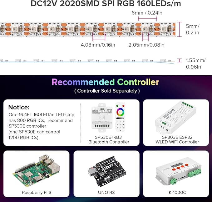 BTF-LIGHTING WS2812B IC RGB 5mm Ultra Narrow LED Strip 2020SMD DC12V Individually Addressable 6.4FT 160Pixels/m 320LED Dream Color Tape Light for Home DIY Decoration IP30 (No Adapter or Controller)