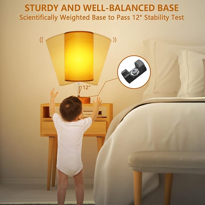 HiBay 2-Set 17.75" Touch Bedside Table Lamps with USB Charging Ports & AC Outlet, Farmhouse Wood-Grain 3-Way Dimmable LED Nightstand Lights with Parchment Shade for Home Office Lighting Decor