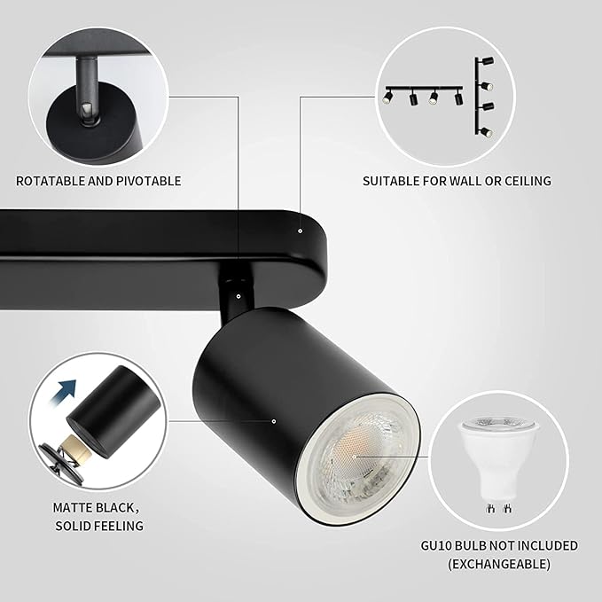 4 Way Track Lighting Kit Flexibly Rotatable Track Light Ceiling Kitchen LED Ceiling spot Light for Bedroom, Picture Wall, Hallway, Office, Bar, GU10 Socket (Black-4)