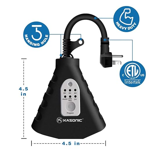 K KASONIC - Outdoor Light Timer, Waterproof Plug in Sensor Outlet Timer Switch, 100 ft Range Remote Control with 3 Grounded Electrical Outlets for Home and Garden, ELT Listed