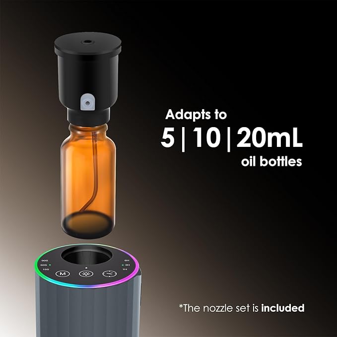 Waterless Essential Oil Diffuser, 7 Colors LED Light, Battery Powered Mini Scent Air Machine, Aromatherapy Mist Diffuser for Home Room Car Office，Black Aluminum Alloy (Grey)
