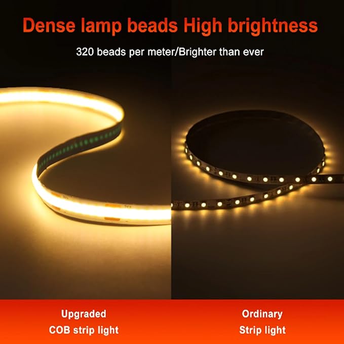 DC5V COB Led Light Strip with USB Power Supply 300LED/m Flexible Lighting Warm White for Display Cabinet, Living Room,DIY Home COB Lighting Decor tv Lights (Warm White, 2M)