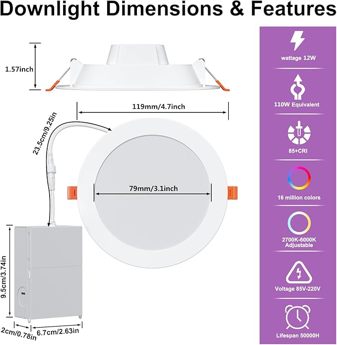 Smart Recessed Lighting 4 Inch RGBCW Color Changing 12W Recessed Ceiling Light with Junction Box,1080LM Canless LED Downlight Compatible with Alexa,Dimmable by Bluetooth Control -12Pack