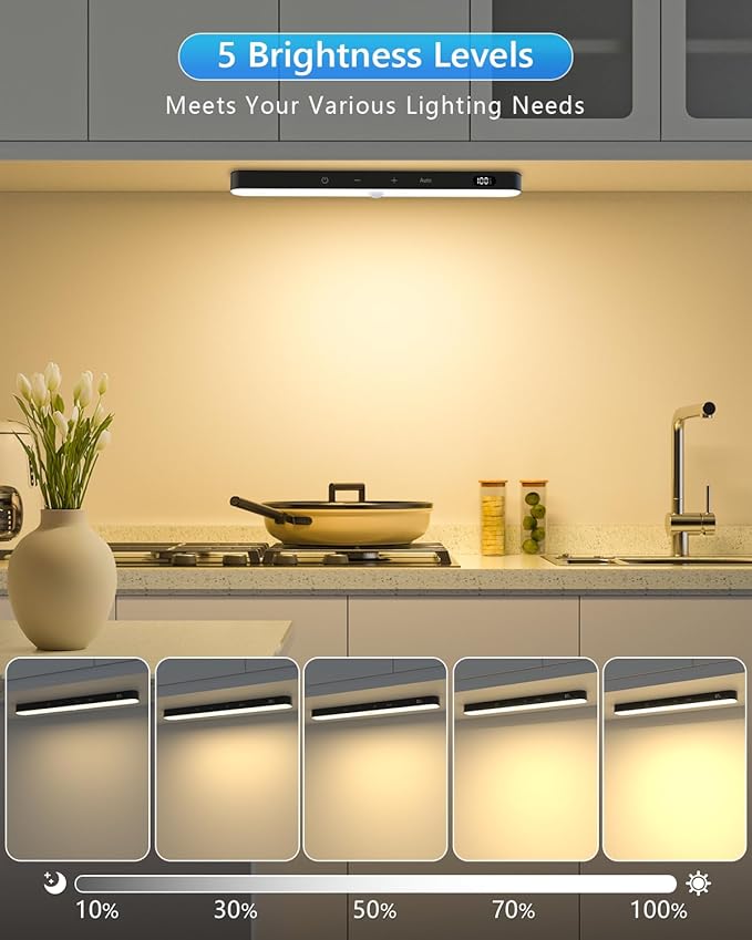 Ferswe Closet Lights Rechargeable, Battery Level Display, Dimmable Battery Powered Lights, 3000K Motion Sensor Light Indoor, 60 LED Touch Light for Kitchen, Closet, Shelf(4 Pack)