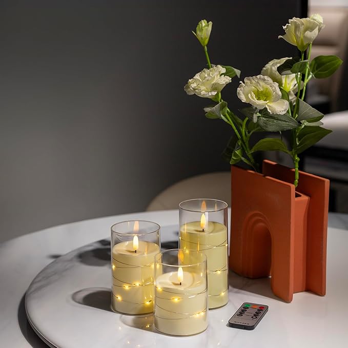 Flickering Flameless Candles with Embedded String Lights - Acrylic Battery Operated Candles with Remote, LED Pillar Candles for Valentines/Wedding Home Decor（White）