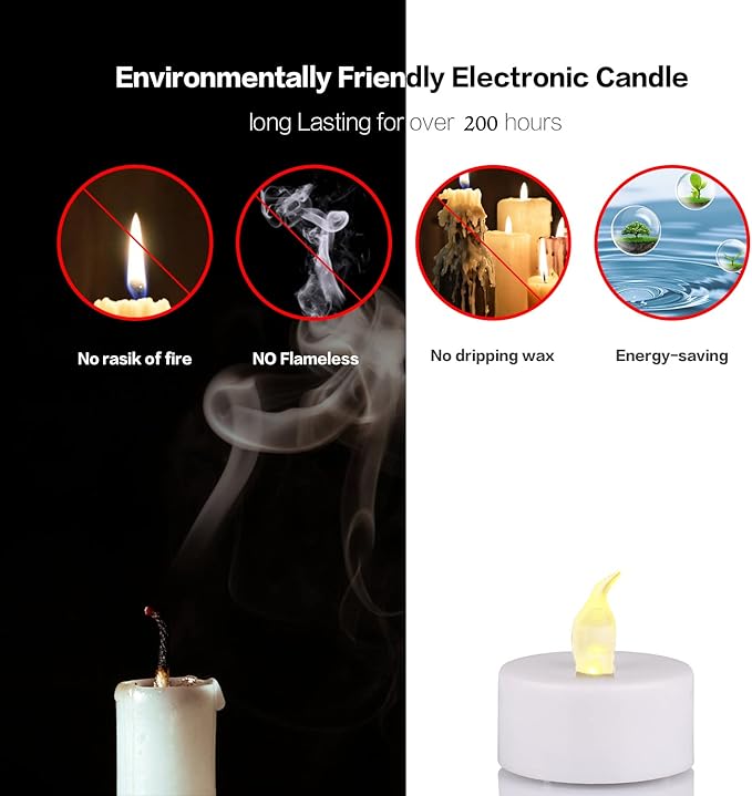 JUNPEI Pack of 24 Flameless Tea Light Candles Realistic Flickering:Battery Long Lasting Warm White Light Lamp Operated Powered for Seasonal & Festival Celebrations