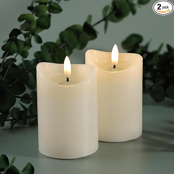 LumiPur Basics Flameless Flickering Wax Pillar LED Candles 2.75" x 4" (2 Pack, Linen White)