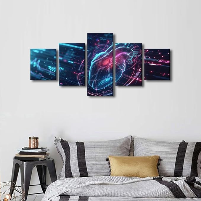 5 Panel Heart-shaped Icon Canvas Painting AI Generated Wall Art for Living Room Bedroom Art Wall Decor Artificial Intelligence Heart Posters and Prints Ready to Hang for Home Decorations 50"Wx24"H