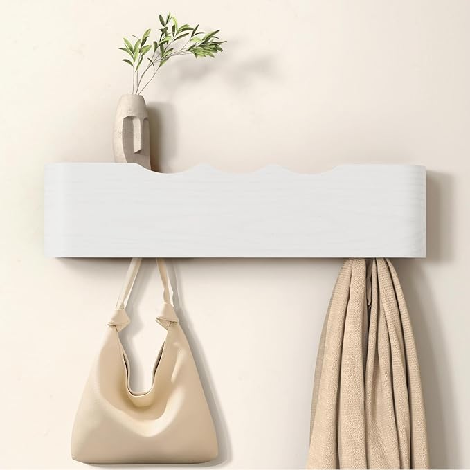 Coat Rack Wall Mount Entryway Organizer Modern Key Holder Wall Mount with Wooden Shelf Entryway Hooks for Bedroom Kitchen Hallway Bathroom for Hanging Coats Hats Dog Leashes Bags Towels