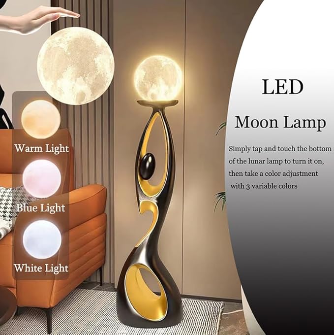 Bofea-Mid Century Modern Floor Lamp,Unique Corner Decorative Reading Standing Light,Rechargeable Moon Standing Lamp Or Resin Creative Stylish Decor Lamps for Living Room,Bed Room. (Black)