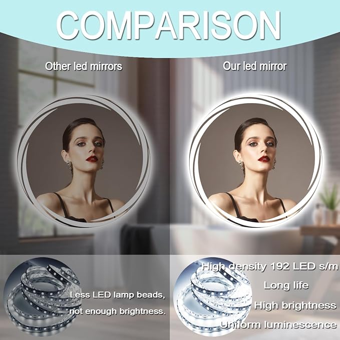 24 Inch Unique Swivel Round Lighted Mirror for Bathroom Hotel Wall LED Round Vanity Mirror with Lights Smart Memory 3 Color Dimmable AntiFog 24" Frameless Backlit Rounds Circle Lighted Mirrors