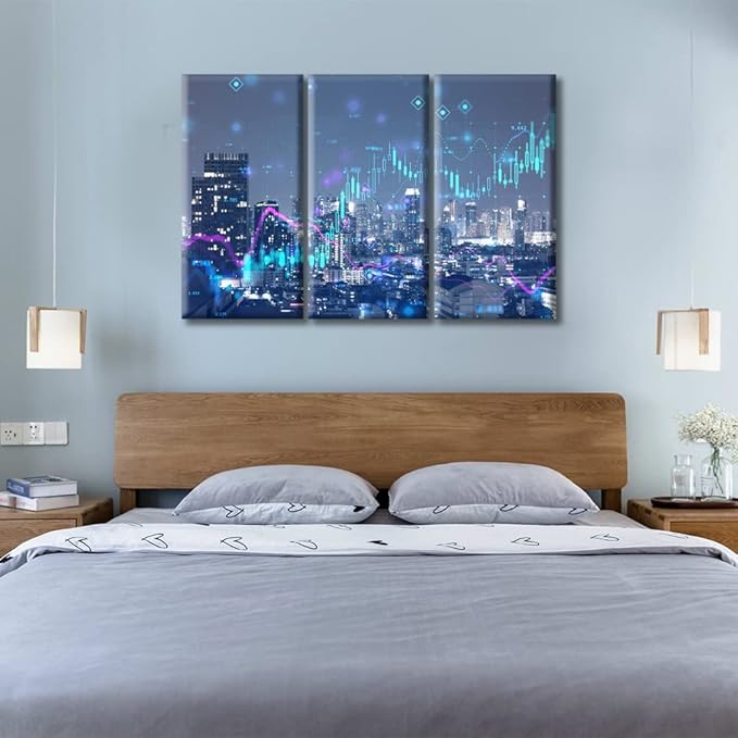 TUMOVO 3 Pieces Digital Financial Stock Market Chart on Technology Abstract Background and Night City Skyline Pictures Wall Decor Living Room Modern Home Decor Framed Ready to Hang (36" Wx24 H)