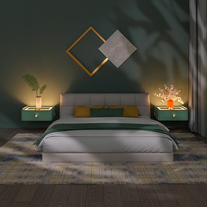 HOMEMORE Floating Nightstand with Charging Station Bedside Table LED Smart Bedside Table Wall Mounted Nightstand Green