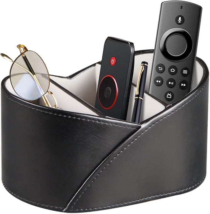YAPISHI Leather Remote Control Holder for Table,TV Remotes Caddy 3 Grid Desk Organizer and Accessories Storage for Controllers/Stationery/Supplies, Modern Decorations for Living Room Nightstand Black