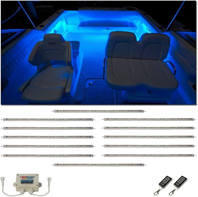 LEDGlow 12pc Million Color LED Boat Marine Deck & Cabin Accent Lighting Kit - 20" Waterproof Flexible Light Strips - Screw Cap Connectors with O-Rings - Includes Control Box & Wireless Remote