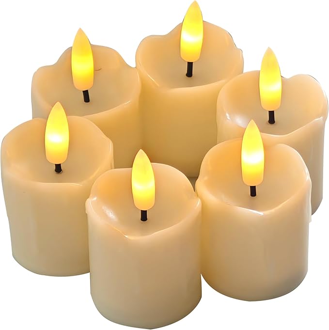 Battery Operated Plastic Flameless LED Votive Candle with Cycling Timer, 6 Pack Drip Flickering Realistic Electric Light for Indoor Bookshelf Wedding Dinner Party Centerpiece Fireplace X-mas Decor