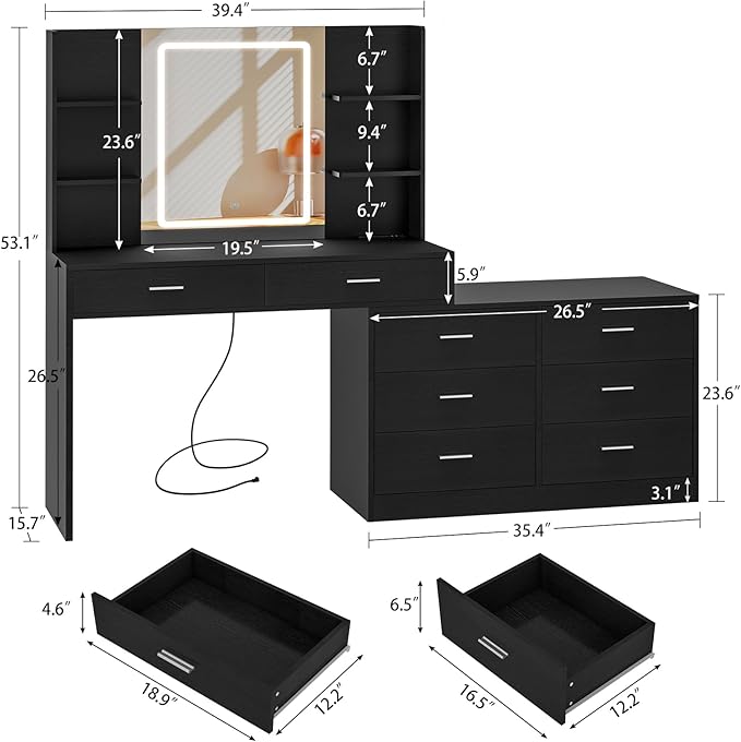 Quimoo Vanity Desk with LED Lighted Mirror & Power Outlet, Modern Corner Makeup Vanity Table with 8 Drawers & Open Shelves, Dressing Table for Bedroom, Makeup Room, Black