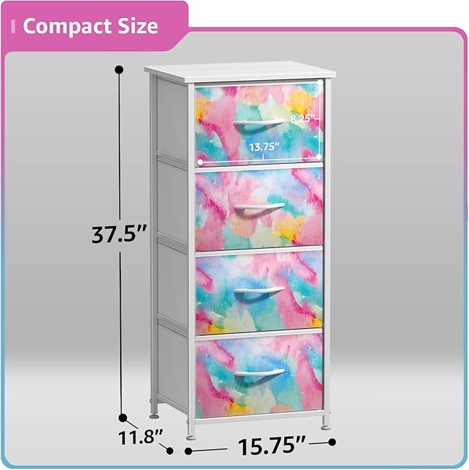 Sorbus Kids Dresser with 4 Drawers - Storage Chest Organizer Nightstand - Steel Frame, Wood Top, Tie-Dye Fabric Bins for Clothes - Wide Furniture for Bedroom, Hallway, Nursery, Closet, & Apartment