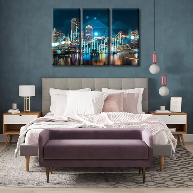 TUMOVO Forex Graph Hologram Canvas Paintings Bedroom Canvas Wall Art 3 Panel Downtown View Boston Skyline Buildings Pictures Wall Art for Living Room Ready to Hang (42" Wx28 H)