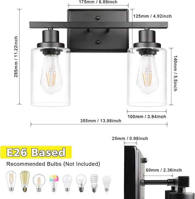 Ascher 2-Light Wall Sconces, Modern Vanity Light Fixture Black Finish, Wall Light with Clear Glass Shade for Mirror Hallway Bedroom, E26 Base (Bulbs Not Included)
