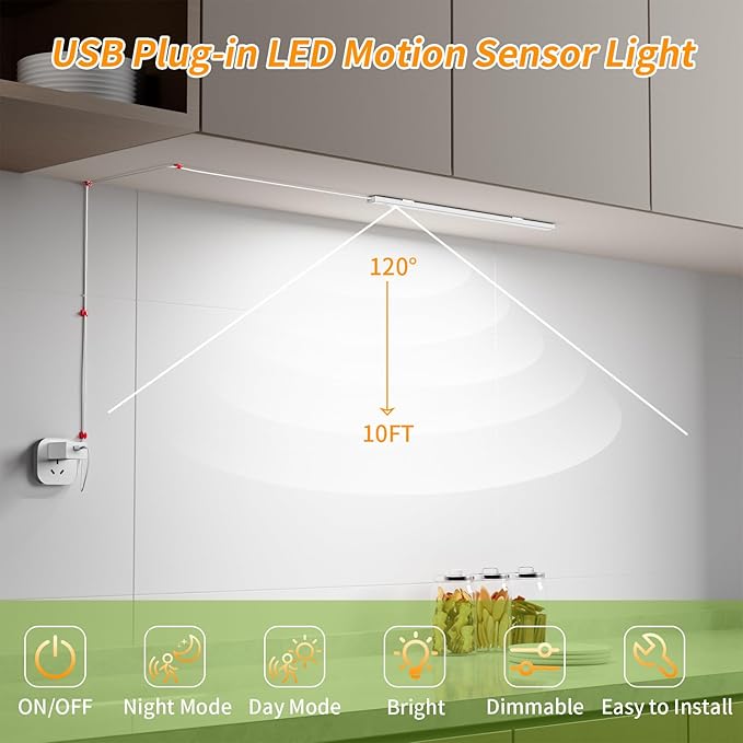 14" Slim USB Plug-in LED Motion Sensor Light Indoor, Bright & Dimmable Under Cabinet Light - 3 Modes (ON/Night/Day) for Kitchen, Cabinet, Closet - 4000K Neutral White, 1 Pack (Standalone)