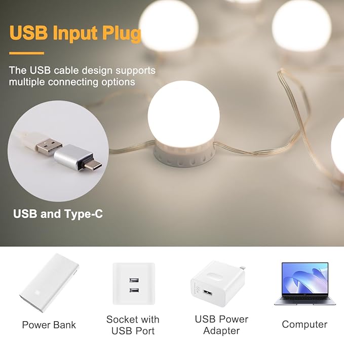 LED Vanity Lights for Mirror, High Brightness LED Chip, Hollywood Style Vanity Light with 12 Dimmable Bulbs, Adjustable Color & Brightness, USB Cable, Mirror lights for Makeup, lighting and Decoration