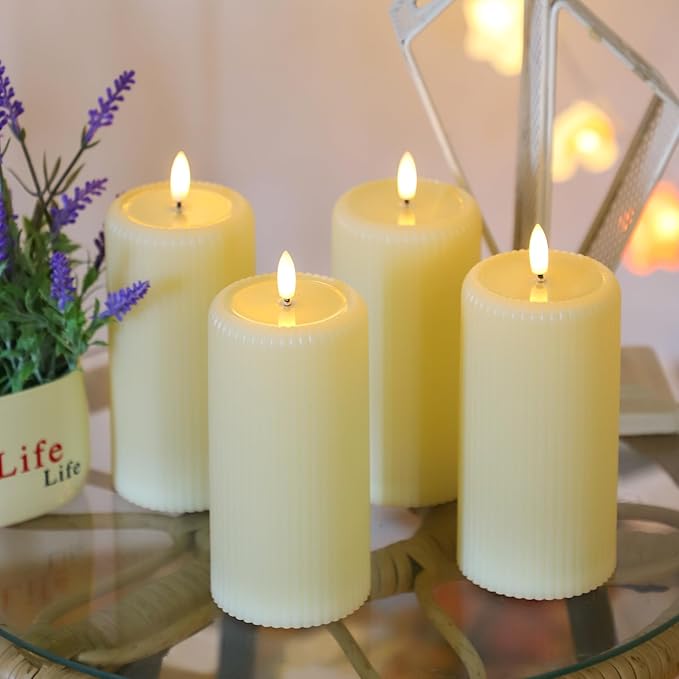 Lezonic 4pcs Flameless Candles with Remote, Battery Operated LED Candles Ivory Plastic, Flickering Electric Pillar Candles Realistic Drip Wax Effect for Home, Wedding, Christmas Party(Not Waterproof)