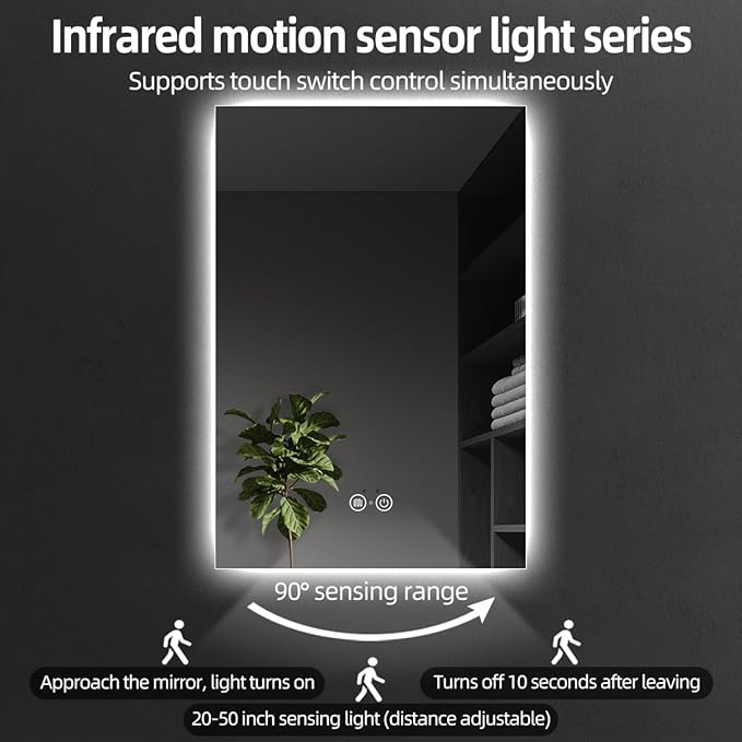 Backlit LED Bathroom Mirror, Infrared Motion Sensor Vanity Mirror with 3-Color Lights, Stepless Dimmable Wall Lighted Mirror with Anti-Fog, Memory, Rectangular (36" H x 24" W)