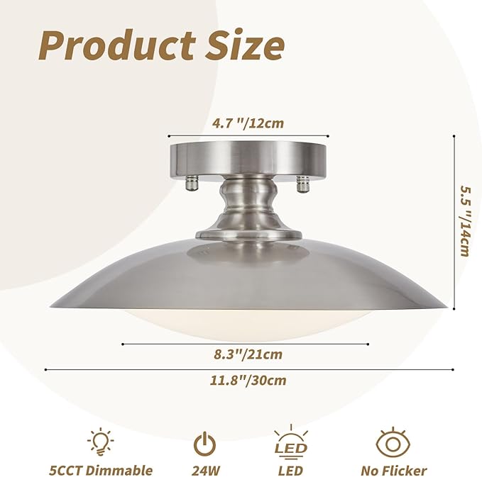 Dimmable Brushed Nickel Ceiling Light Flush Mount Modern LED Lighting Fixture, 5CCT 3000 K- 6000 K Ceiling Lamp for Bedroom Hallway Living Room Kitchen