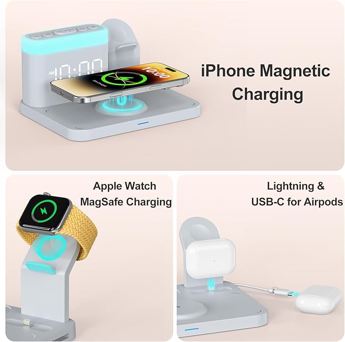 ANJANK Wireless Charging Station with Alarm Clock & Night Light,Magnetic 5 in 1 Charger Stand for Multiple-Device,Charging Dock for iPhone 17 16 15 14 13 12 Pro Max Plus,Apple Watch,Airpods,Nightstand