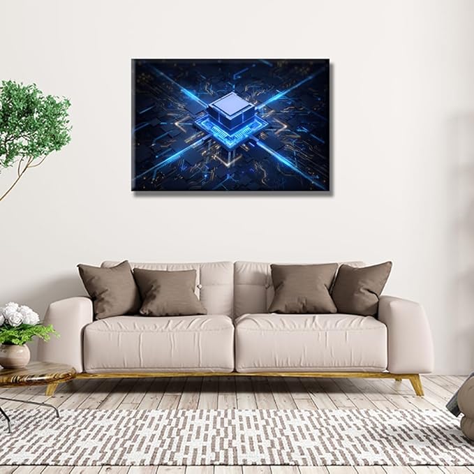 LSIUHWUWI Wall Painting CPU Concept House Decoration for Living Room Motherboard Digital Chip Canvas Wall Art Digital Age Wall Decor for Living Room Framed Ready to Hang 16X24 INCH