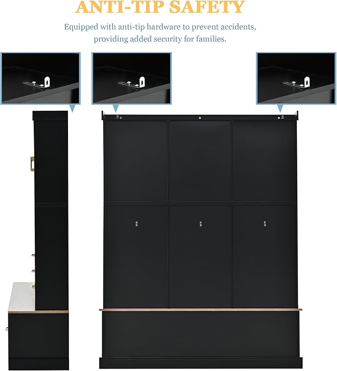 Amposei Hall Tree with Storage Bench & Coat Rack 58’’W Modern Tall Entryway Oranizer Cabinet with 6 Drawers, 3 Metal Hooks for Living Room Hallway Mudroom, Black
