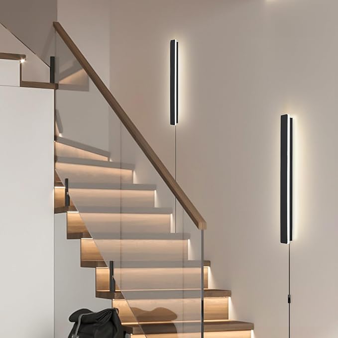 Modern Plug in Wall Sconces, 23.6 inch Frosted Black LED Long Wall Lights, 12W Warm White 3000K Acrylic Indoor Wall lamp,with 59" Plug Cable for Bedroom, Living Room, Bathroom Makeup, Hallway