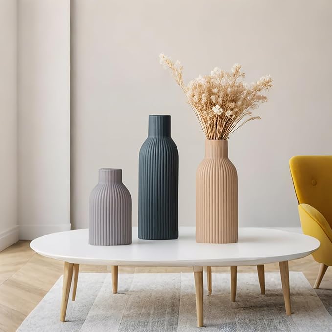 Modern Ceramic Vases Set of 3, Black Ribbed Decorative Vases, Shelf Table Centerpiece for Home Decor, Birthday Gifts for Women, Mom, Grandma Decorative (Black Mix)
