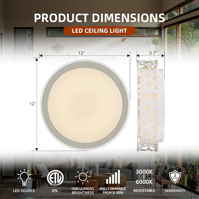 Flush Mount Ceiling Light Fixture,24W 1600 Lumens LED Ceiling Lights, Dimmable 3000K Warm White Light Fixtures Ceiling Mount for Bedroom, Kitchen, Hallway, Stairways