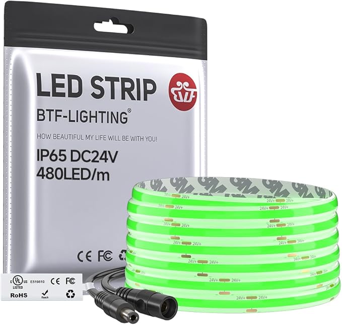 BTF-LIGHTING FCOB IP65 Waterproof Green Color COB LED Strip 16.4FT DC24V 480LED/m 8mm Width Flexible High Density CRI 90+ Dimmable LED Light for Home Indoor Decor(No Controller or Adapter)
