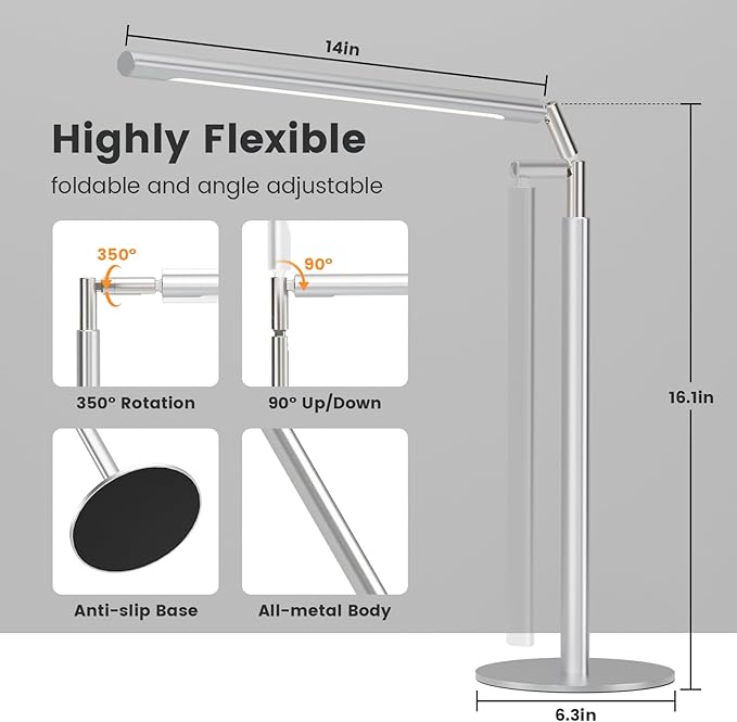Metal Desk Lamp for Home Office - 16'' Foldable LED Desk Light for Reading, 4 Color Temps, 15W 1200Lm Dimmable Table Lamp with Flexible Arm, Task Lamp for College Dorm Study Painting, Silver