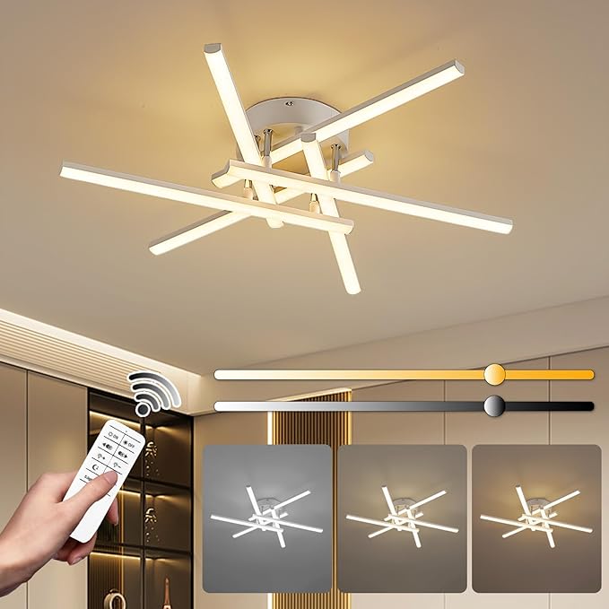 Dimmable LED Ceiling Light with Remote, 6-Light Surface Mount Ceiling Lights for Bedroom Living Dining Room, Modern White Ceiling Lamp LED Chandeliers Ceiling Light for Kitchen 24''