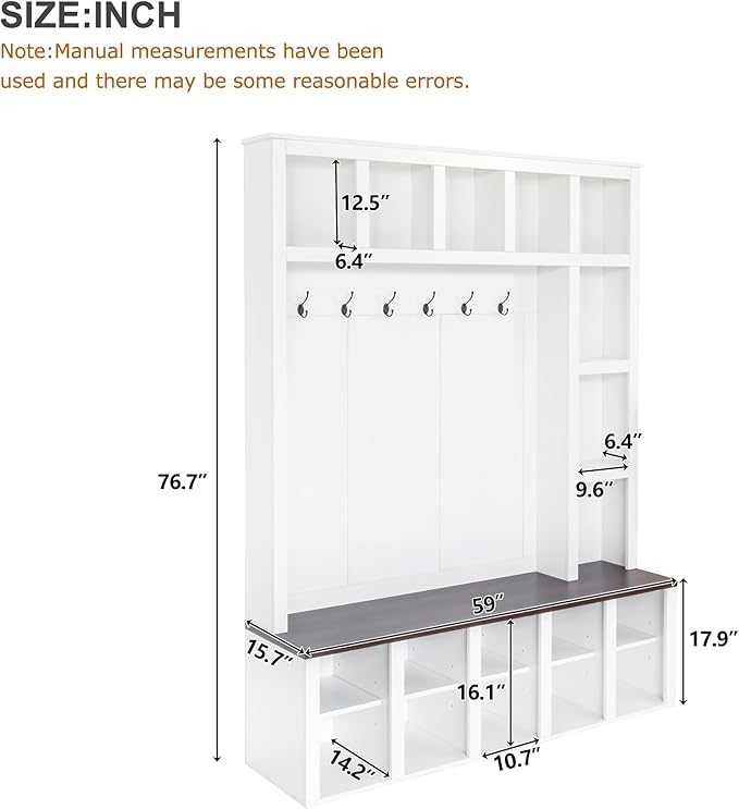 Farmhouse Style Hall Tree with 6 Hooks, Practical Walnut Storage Bench with Adjustable Shelves, Wooden 4-in-1 Entryway Shoe Cabinet with 13 Cubbies for Mudroom, Living Room (White+Walnut-8)