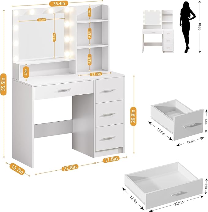 Vanity Desk with Lighted Mirror, White Vanity with 4 Drawers,Makeup Vanity with Storage Shelves and Power Outlet,10 Lights with 3 Color Modes Brightness Adjustable for Girls’ Bedroom (White)